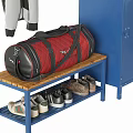 Blue Storage Lockers With Hanging Jacket Red Duffel Bag And Shoes