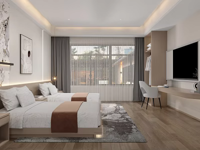 Hotel Room Interior with Twin Beds Wooden Flooring Large Window and TV 3d model