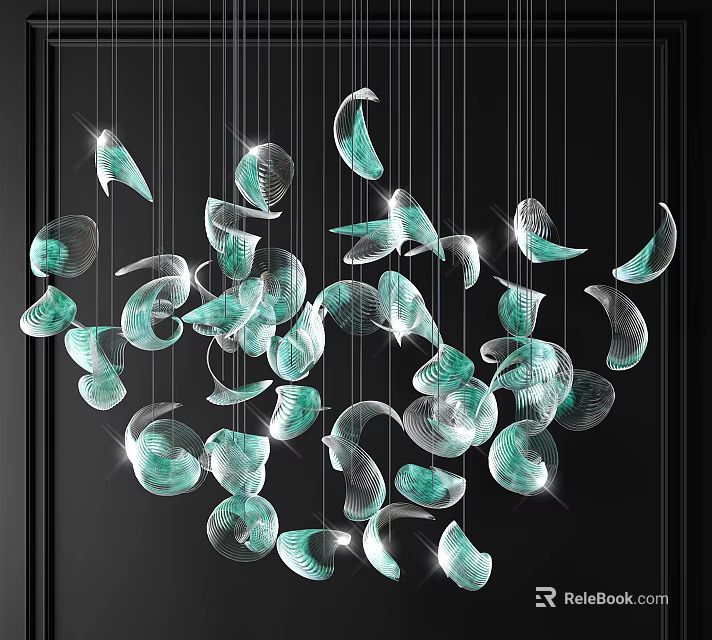 Modern Hanging Turquoise Transparent Curved Leaf Shaped Crystal Chandelier Decorative Elements 3d model 
