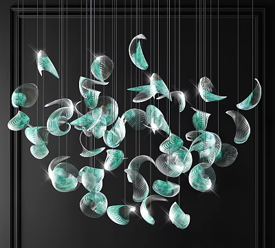 Modern Hanging Turquoise Transparent Curved Leaf Shaped Crystal Chandelier Decorative Elements 3d model