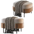 Beige And Brown Upholstered Ottoman With Woven Blanket And Black Metal Legs