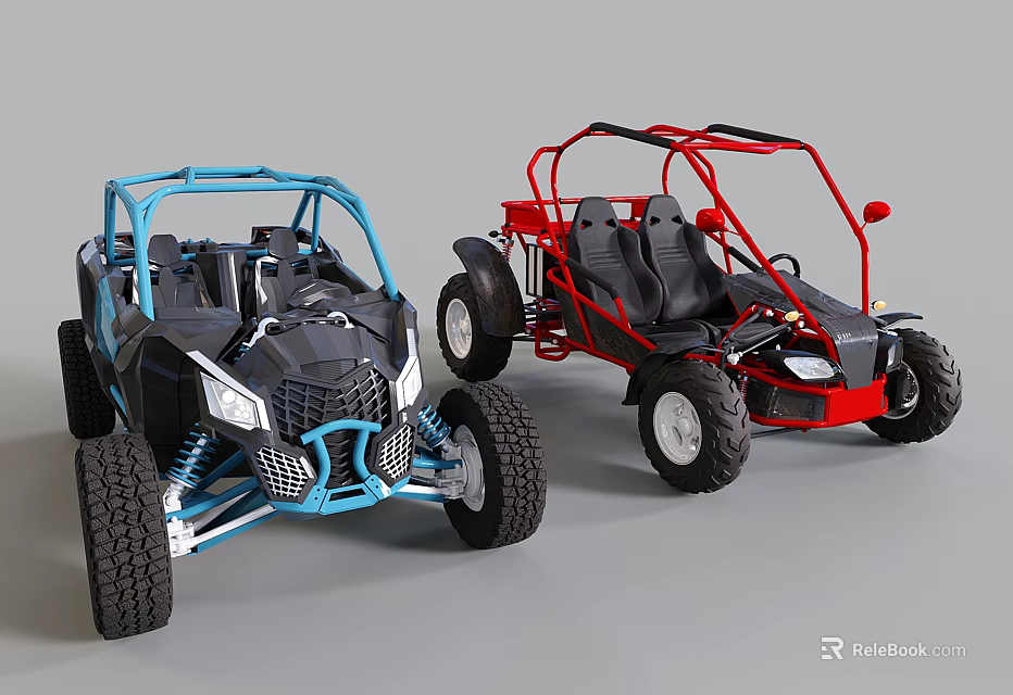 Blue And Red Off Road Buggies With Open Frame Black Seats And Large Tires 3d model 