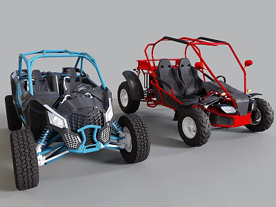 Blue And Red Off Road Buggies With Open Frame Black Seats And Large Tires 3d model