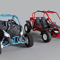 Blue And Red Off Road Buggies With Open Frame Black Seats And Large Tires