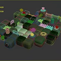 3D Maze Structure With Green Blocks Yellow Pipes Small Trees And White Grid