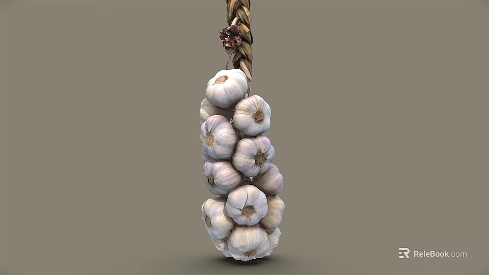 Fresh Garlic Bulbs Bunch Hanging With Natural Twisted Rope For Storage 3d model 