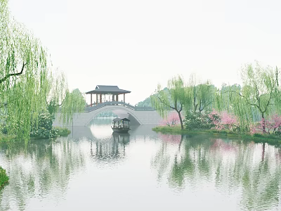 Weeping Willows Along Lake Shore With Stone Bridge Pavilion Boat And Pink Blossoms Reflections 3d model