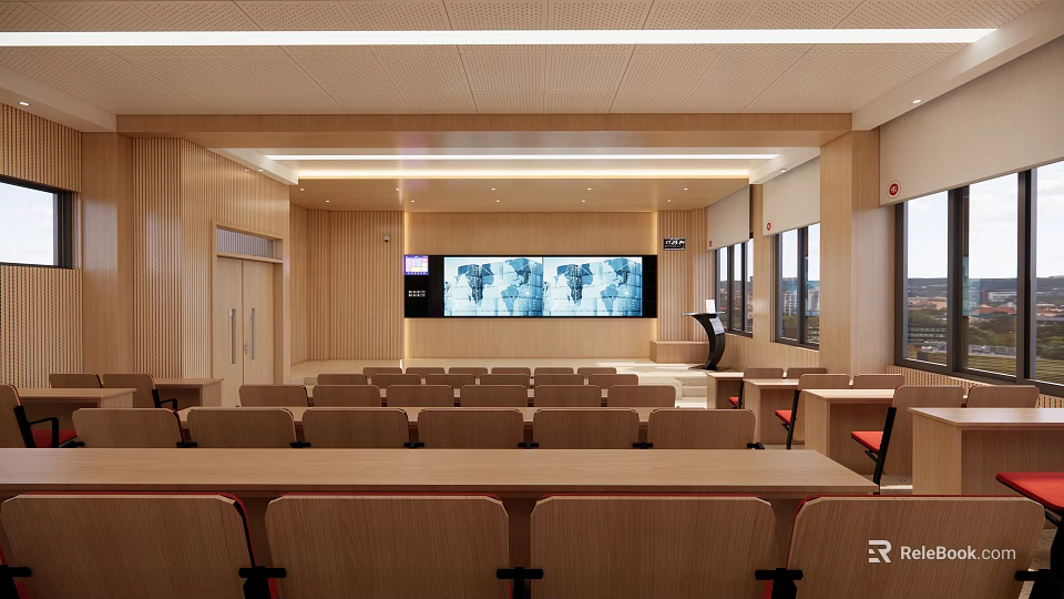 School Auditorium Interior With Rows Of Wooden Seats Large Screen And Windows Design 3d model 