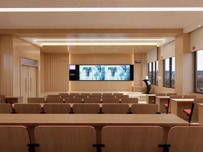 School Auditorium Interior With Rows Of Wooden Seats Large Screen And Windows Design 3d model