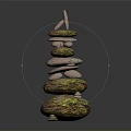 Natural Wood Stone Stacked Tower Structure With Organic Texture And Green Moss Details