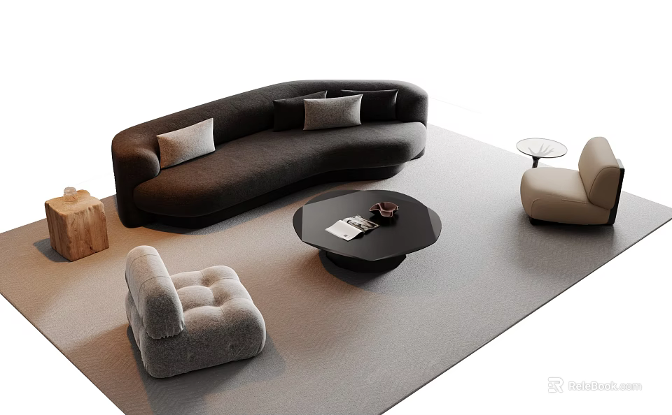 Modern Curved Black Sofa and Round Coffee Table Set with Accent Chairs and Gray Rug 3d model 
