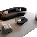 Modern Curved Black Sofa and Round Coffee Table Set with Accent Chairs and Gray Rug