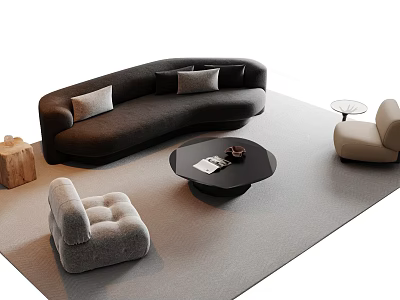 Modern Curved Black Sofa and Round Coffee Table Set with Accent Chairs and Gray Rug 3d model