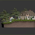 Cartoon Scene Featuring Small House With Thatched Roof Garden Flowers Trees and Stone Path