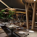 Modern Restaurant Interior Design With Wooden Structures Dining Tables Chairs Greenery And Hanging Lights