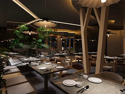 Modern Restaurant Interior Design With Wooden Structures Dining Tables Chairs Greenery And Hanging Lights 3d model