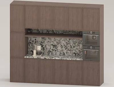 Modern Brown Kitchen Cabinets With Marble Countertop And Built in Oven 3d model