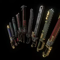 Various Designed Weapons With Different Colors Arranged On Black Background