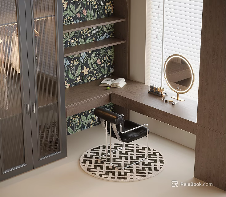 Modern Wooden Dressing Table With Round Mirror Built-in Shelves Floral Wallpaper Black Chair And Geometric Rug 3d model 