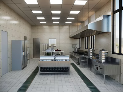 Commercial Kitchen With Stainless Steel Equipment Worktables Range Hoods And Tiled Surfaces 3d model