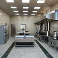 Commercial Kitchen With Stainless Steel Equipment Worktables Range Hoods And Tiled Surfaces