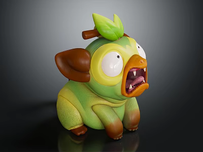 Cartoon Creature 3D Model with Green Body Yellow Face Big Eyes and Leaf Decoration 3d model