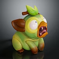 Cartoon Creature 3D Model with Green Body Yellow Face Big Eyes and Leaf Decoration