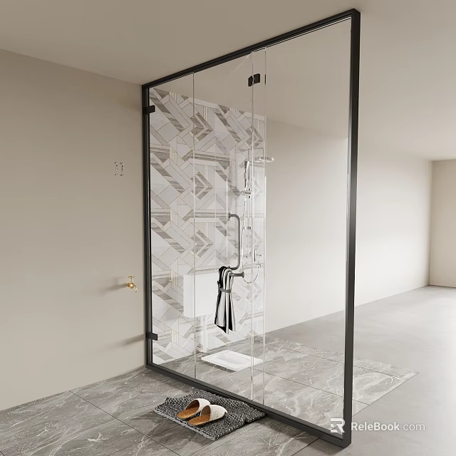 Modern Bathroom Interior With Glass Shower Enclosure Black Frame Geometric Pattern Tiles And Gray Floor 3d model 