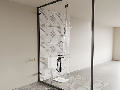 Modern Bathroom Interior With Glass Shower Enclosure Black Frame Geometric Pattern Tiles And Gray Floor 3d model