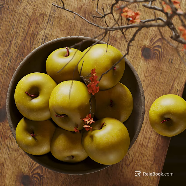 Ceramic Bowl Filled with Yellow Apples on Wooden Table with Decorative Branches and Red Flowers 3d model 