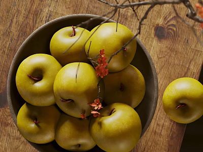 Ceramic Bowl Filled with Yellow Apples on Wooden Table with Decorative Branches and Red Flowers 3d model
