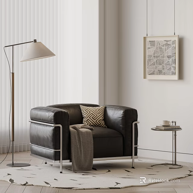 Stylish Single Seater Leather Sofa With Geometric Cushion And Floor Lamp In Modern Living Room 3d model 