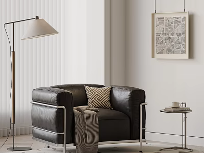 Stylish Single Seater Leather Sofa With Geometric Cushion And Floor Lamp In Modern Living Room 3d model