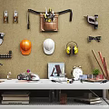 Modern tools cork board hardware tool wall hardware combination screwdriver electric drill saw hexagon socket tool safety helmet combination 3d model