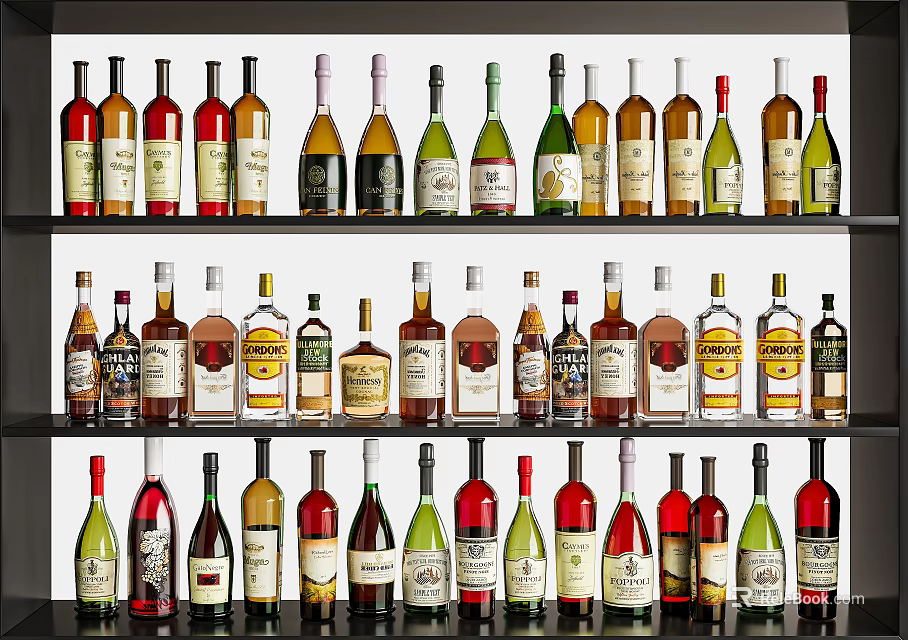 Different Wine Bottles and Glasses in Various Styles on Display Shelves 3d model