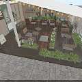 Elegant Modern Dessert Shop With Outdoor Seating Green Plants And Signboard