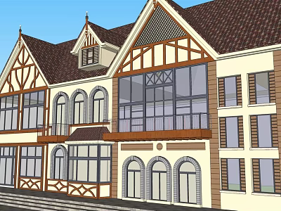 Tudor Style Office Building With Brown Roof Large Windows Arched Doors And Balcony 3d model