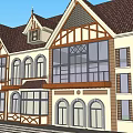 Tudor Style Office Building With Brown Roof Large Windows Arched Doors And Balcony