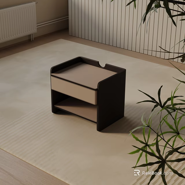 Modern Bedside Table With Drawer Open Shelf And Green Plant On Beige Carpet 3d model 