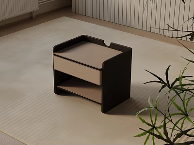 Modern Bedside Table With Drawer Open Shelf And Green Plant On Beige Carpet 3d model