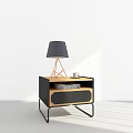 Modern Bedside Table With Black Shade Lamp Wooden Base White Cup And Drawer