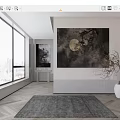 Modern Interior With Large Windows Wall Art Moon Tree Branches Gray Rug White Vase