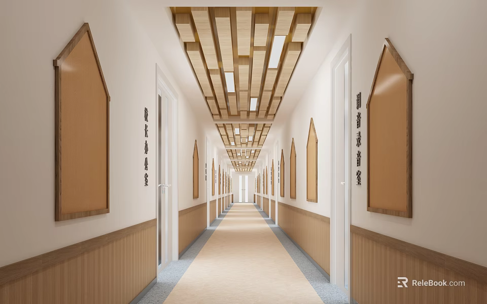Modern Office Corridor Interior With Wooden Ceiling And Side Decorative Panels 3d model 