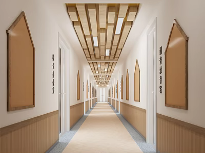 Modern Office Corridor Interior With Wooden Ceiling And Side Decorative Panels 3d model