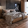 Double Bed in Modern Bedroom with Wooden Wall Pendant Light and Plaid Bedding