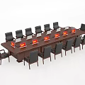 Long Rectangular Dark Wooden Conference Table With Black Chairs And Red Name Plates 3d model