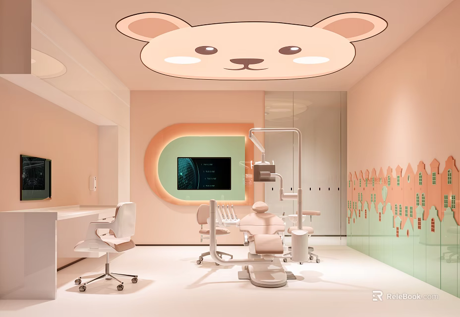Pediatric Dental Clinic Interior With Cartoon Bear And Medical Equipment 3d model 