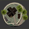 Cute Cartoon Scene With Small House Green Trees Garden Path And Decorations