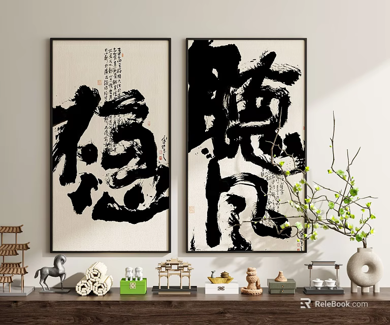 Chinese Calligraphy Style Abstract Paintings Featuring Black Ink on Light Background Wall Art 3d model 