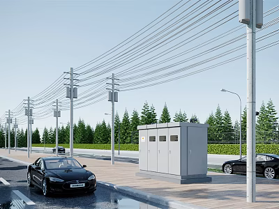 Modern Road Infrastructure Featuring Electric Poles Power Lines Street Lamps Utility Cabinets And Trees 3d model